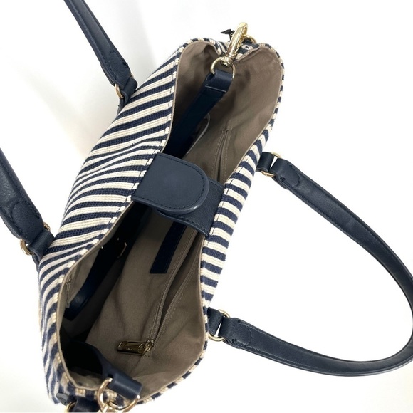 Talbots Navy Striped Canvas Corn Husk Straw Woven Bucket Bag Shoulder Purse - Picture 6 of 16